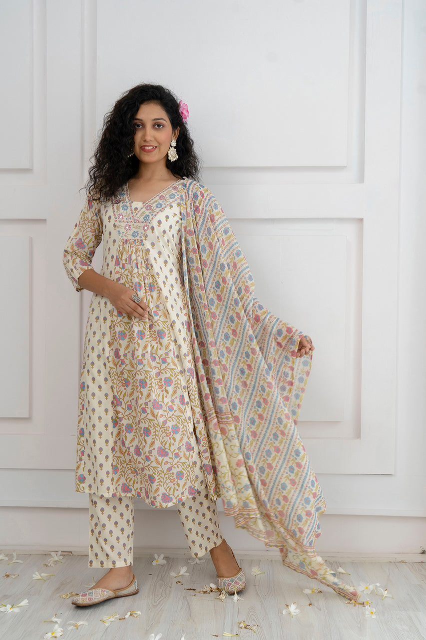 Ethnic Floral Printed Embroidery & Beads Work Kurta With Pant & Dupatt –  Sreejaa