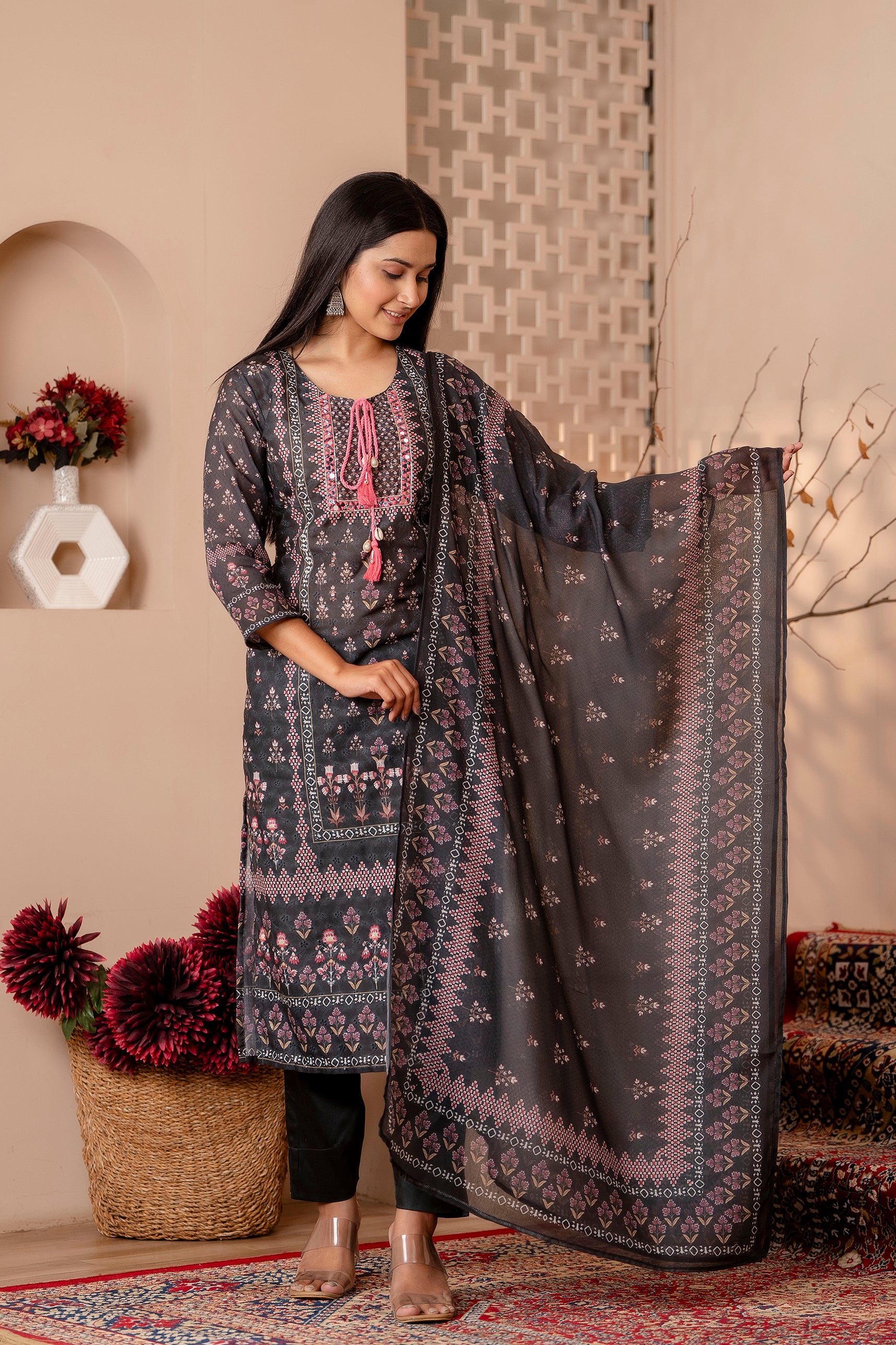 Ethnic Floral Printed Embroidery & Beads Work Kurta With Pant & Dupatt –  Sreejaa