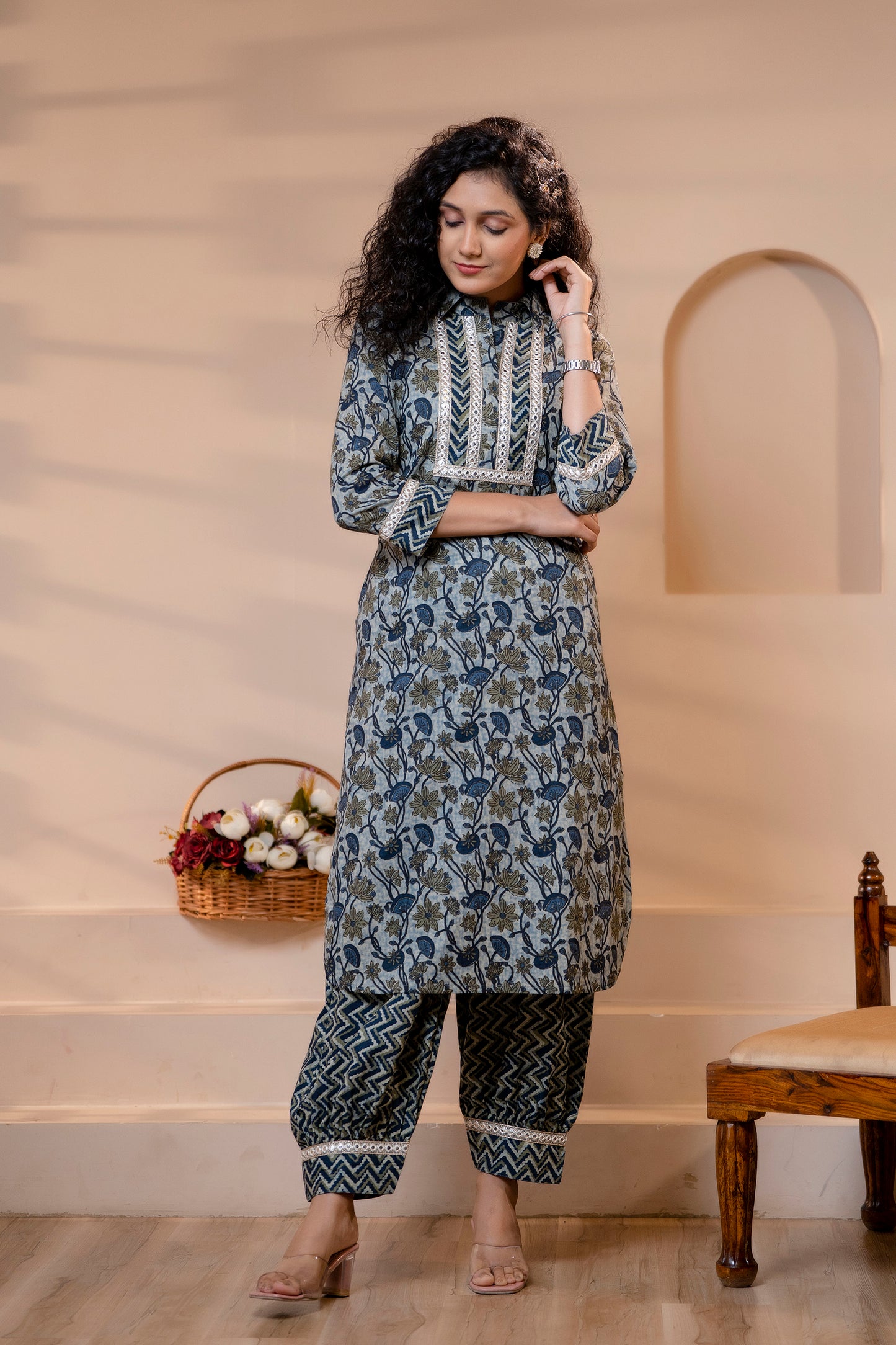 Ethnic Floral Printed Embroidery & Beads Work Kurta With Pant & Dupatt –  Sreejaa